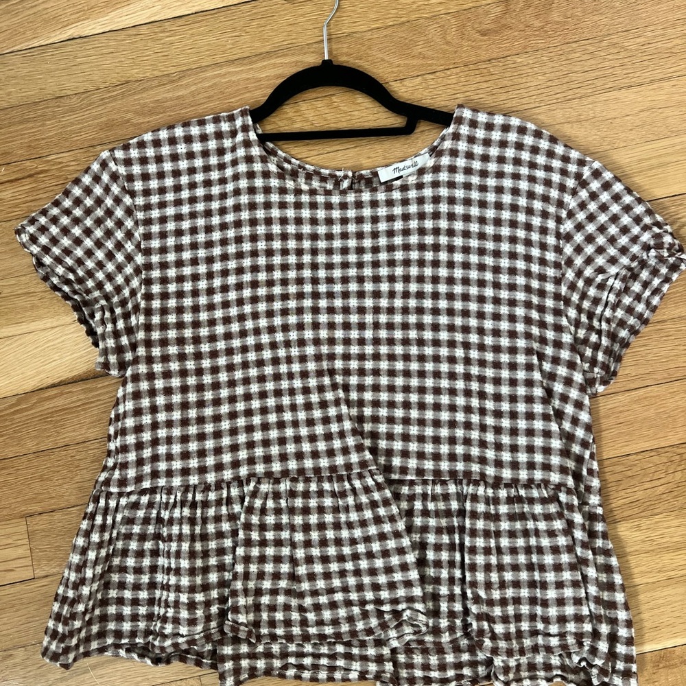 Madewell Brown and White Gingham Short Sleeve Peplum Top